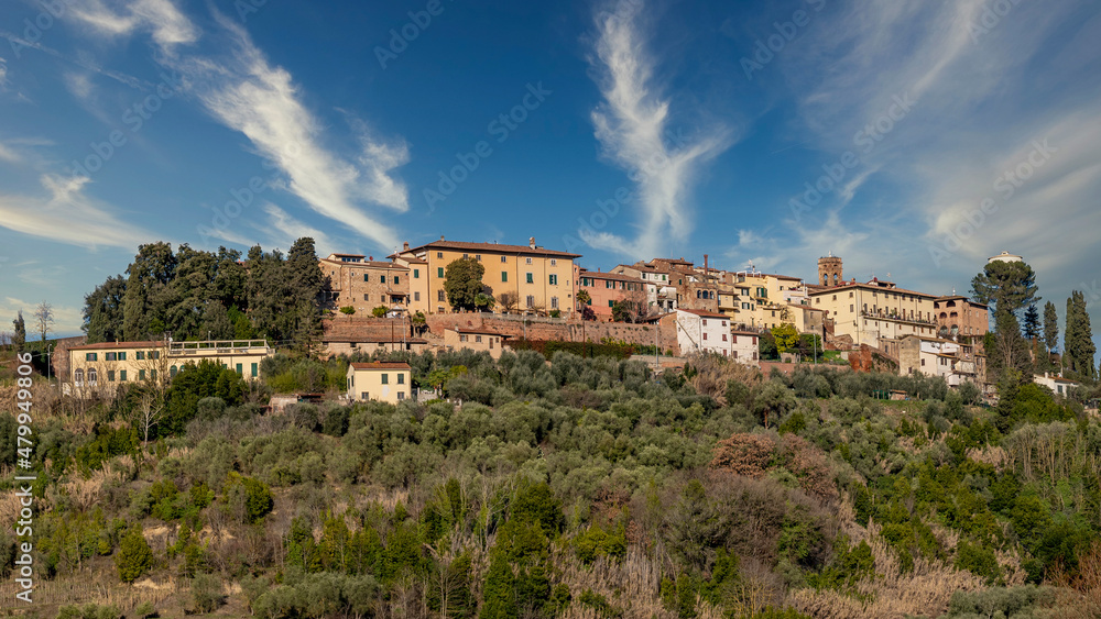 View of the hilltop village of Treggiaia, Pontedera, Italy, on a sunny day