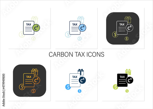Carbon tax icons set.Tax levied on carbon goods and services.Economically profitable. Universal basic income.Collection of icons in linear, filled, color styles.Isolated vector illustrations