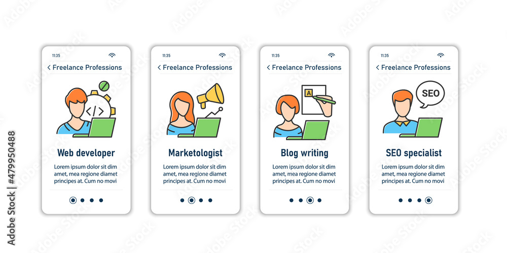 Freelance professions onboarding mobile app screens. Web development, marketologist, blog writing, SEO specialist. Careers steps menu. Set of UI, UX, web template with RGB color linear icons
