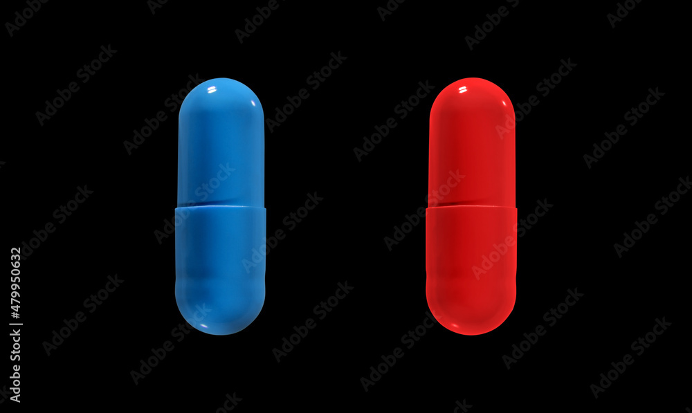 Close up of Red and Blue pills isolated on black background. Clipping path. Close up of Red and Blue pills isolated on black background. Clipping path.