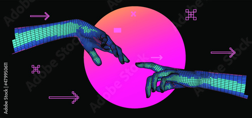 3D low poly model of hands going to touch together. Vaporwave style illustration.