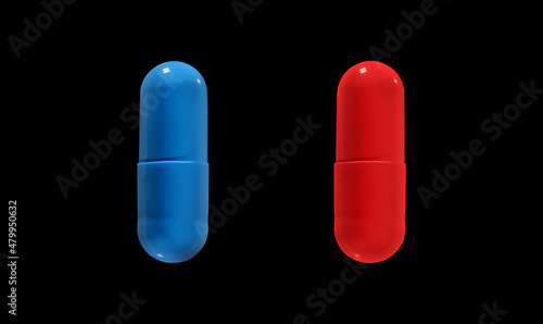 Close up of Red and Blue pills isolated on black background. Clipping path. photo