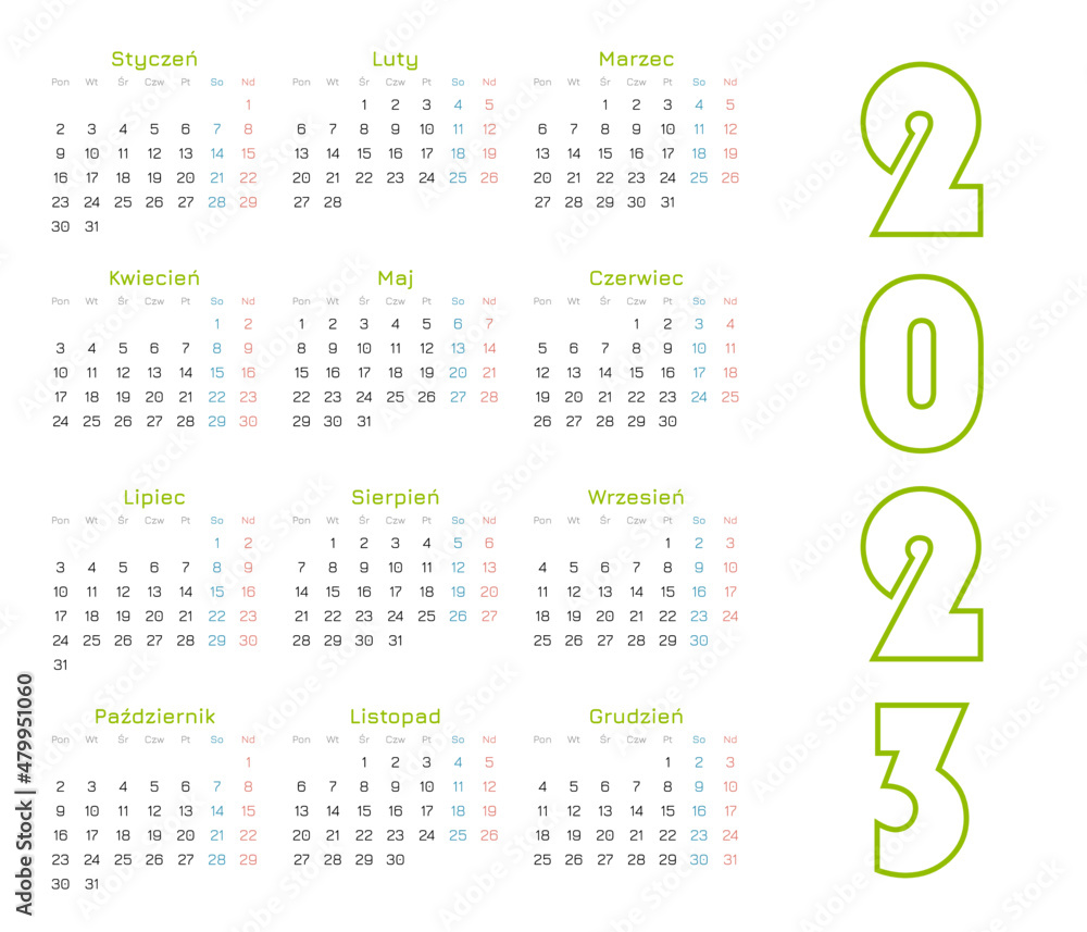 Calendar for 2023 year green with polish characters