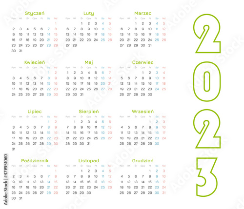 Obraz na płótnie Calendar for 2023 year green with polish characters w salonie