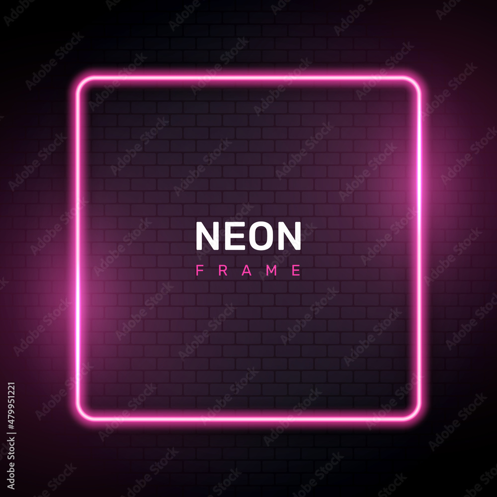 Pink neon square frame. Geometric neon empty frame on brick wall bakground.
