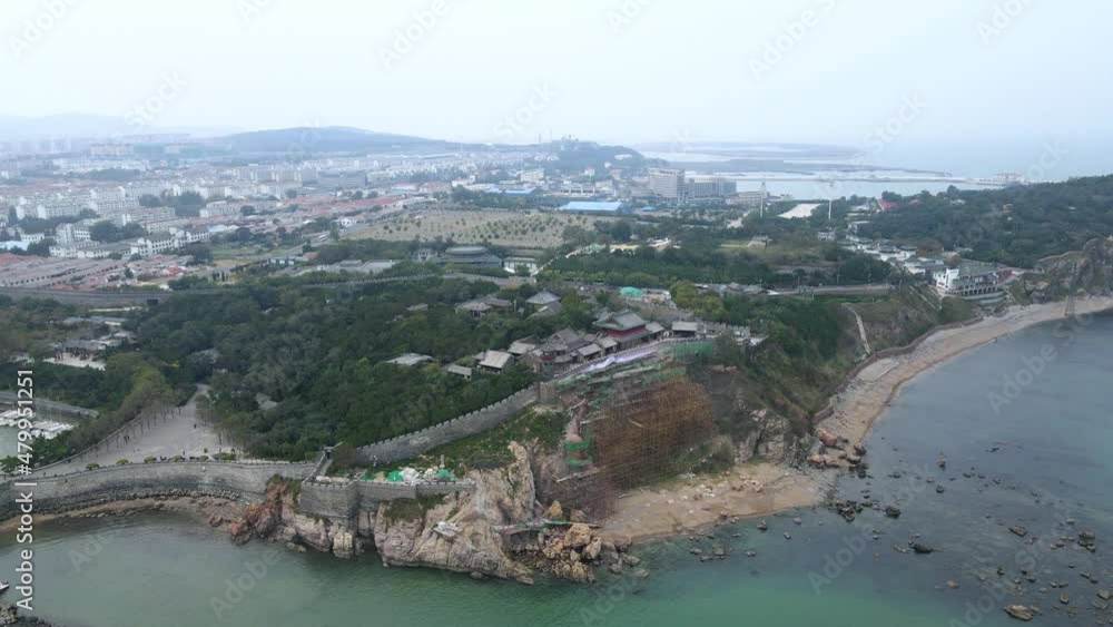 Aerial photography of ancient buildings in Penglai Pavilion on Yantai coastline Aerial photography of ancient buildings in Penglai Pavilion on Yantai coastline
