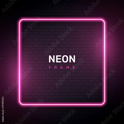 Pink neon square frame. Geometric neon empty frame on brick wall bakground.