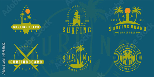 set of surfing board at the beach logo vintage vector illustration template icon graphic design. bundle collection of various surfboard sign and symbol with typography style for travel and business