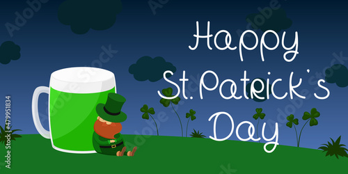 St. Patrick's Day greeting card. Leprechaun and green beer. Vector illustration.