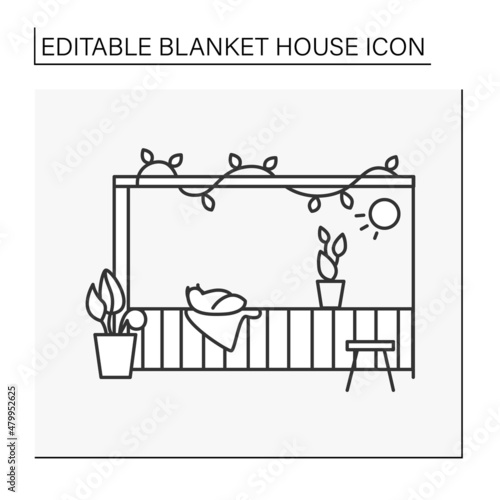 Balcony line icon. Cozy balcony chair, plant decoration and pet cat. Modern home decoration with small lights. Interior design.Blanket house concept. Isolated vector illustration.Editable stroke