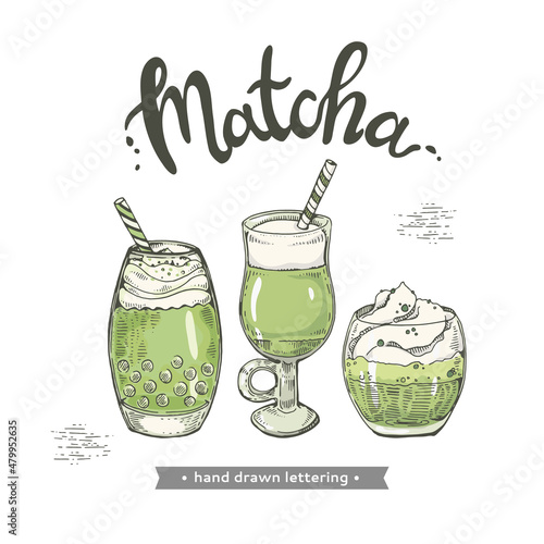 Hand-drawn letering different matcha drinks and desserts.
