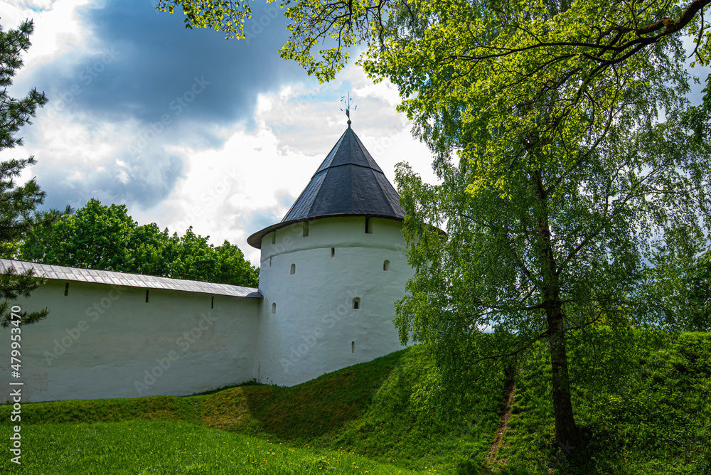 Stone walls and towers of Pskov-Pechory Monastery is Orthodox male monastery, located in Pechory, Russia. The monastery was founded in the mid-15th century.