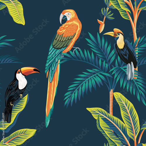 Tropical palm tree, banana tree, parrots seamless pattern dark background. Exotic jungle floral wallpaper. 