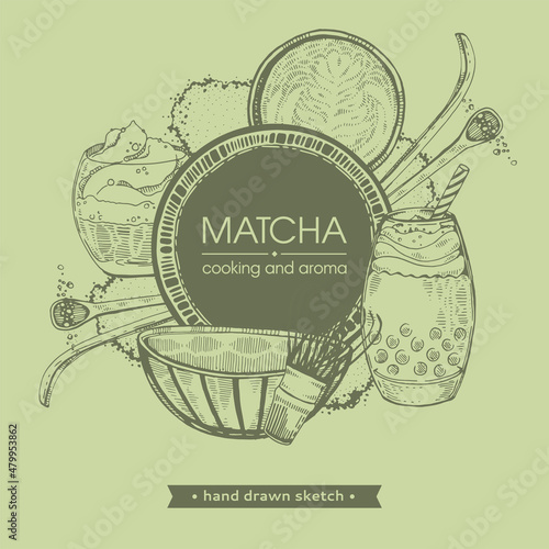 Hand-drawn sketch different matcha drinks and cookings.