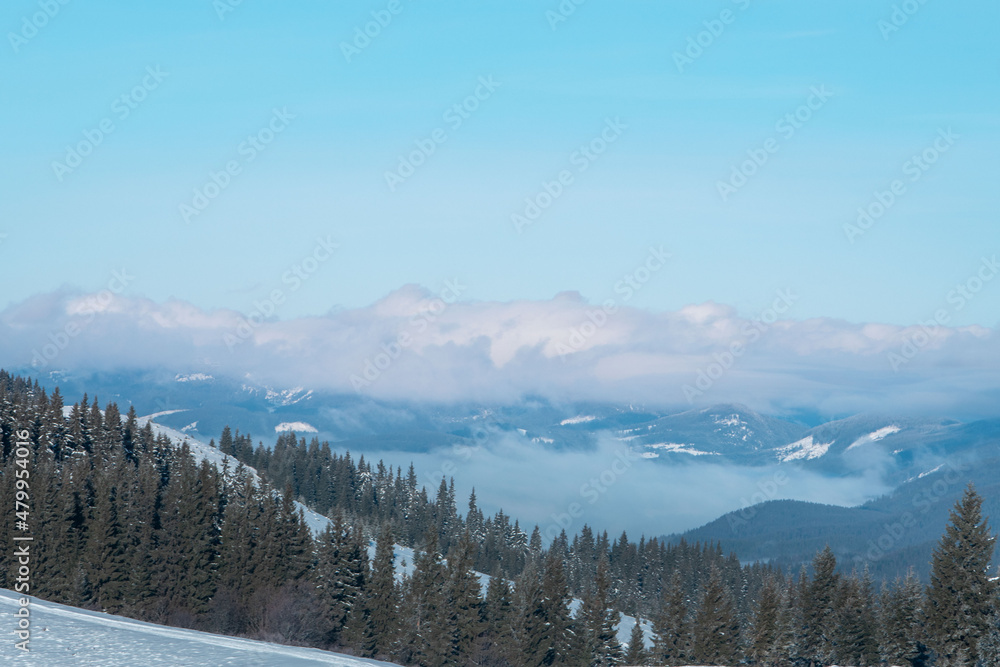 landscape view of winter carpathian mountains