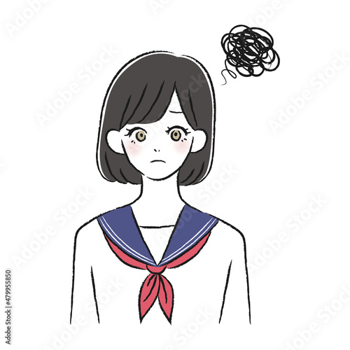 正面を向いた女性のイラスト　学生　不安