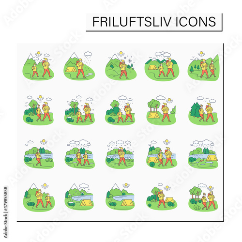 Friluftsliv color icons. Family hiking. Green, eco tourism. Adventure tourism. Nature landscape. Nordic outdoor activities concept.Isolated vector illustrations