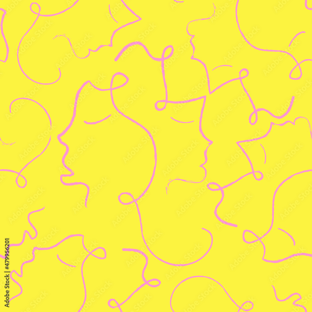 Obraz premium Abstract One Line Drawing Faces Repeating Vector Pattern with Isolated Background