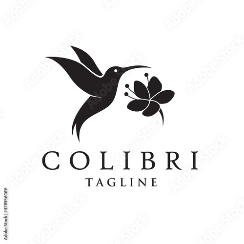 icon of flying colibri and flower isolated on white background