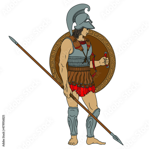 Ancient Greek warrior with a spears and shields in their hands. Figure isolated on white background.