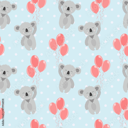 Fototapeta Naklejka Na Ścianę i Meble -  Seamless cute pattern smile koala with balloons