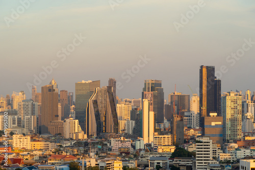 Aerial view of Bangkok Downtown Skyline  Thailand. Financial district and business centers in smart urban city in Asia. Skyscraper and high-rise buildings at sunset.