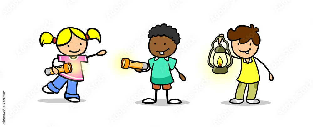 Gruppe Kinder bei Nachtwanderung mit Taschenlampe Gruppe Kinder bei Nachtwanderung mit Taschenlampe