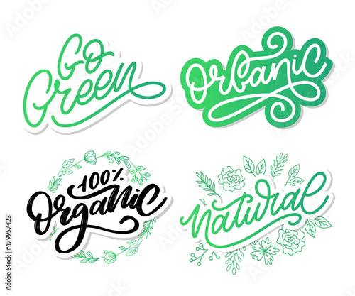 Go Green set label, trendy brush lettering, inspirational phrase. Vegetarian concept. Vector calligraphy for vegan shop, cafe, restaurant menu, badges, stickers, banners, logos. Modern typography