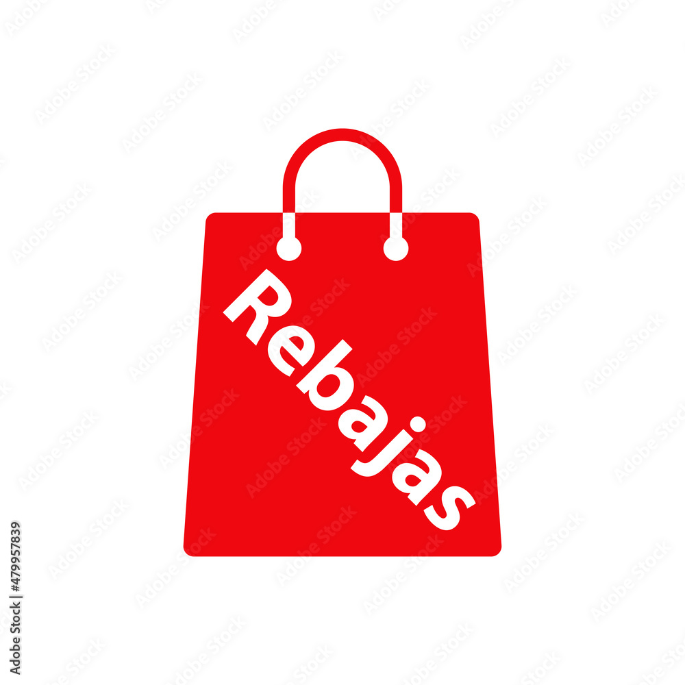 Logotipo con silueta de bolsa de la compra con texto Rebajas en español en color rojo