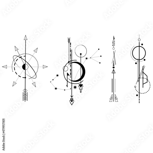 Vector set of Sacred symbols arrows, moon and eye on black grunge background. Gold abstract mystic signs collection drawn in lines. For you design and magic craft. a minimalist geometric design