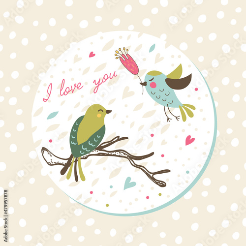 Romantic card with cute birds.