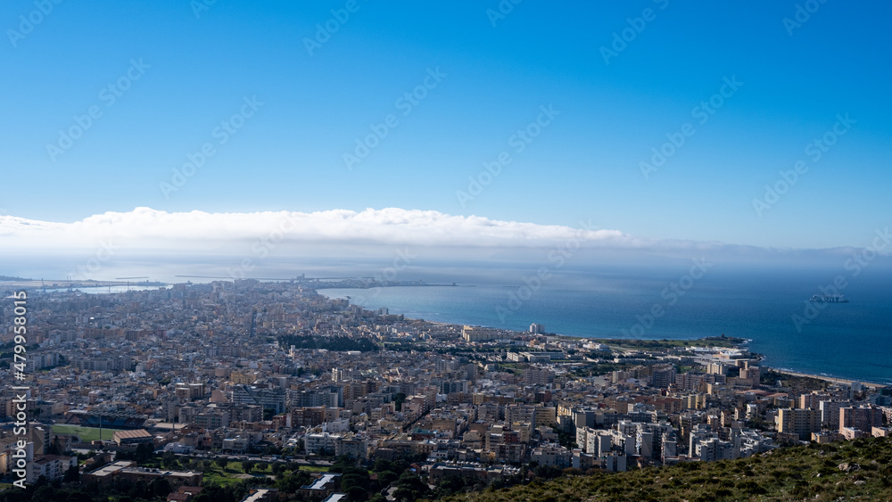 Top view of Trapani. City and salt flats. Sicily Italy.