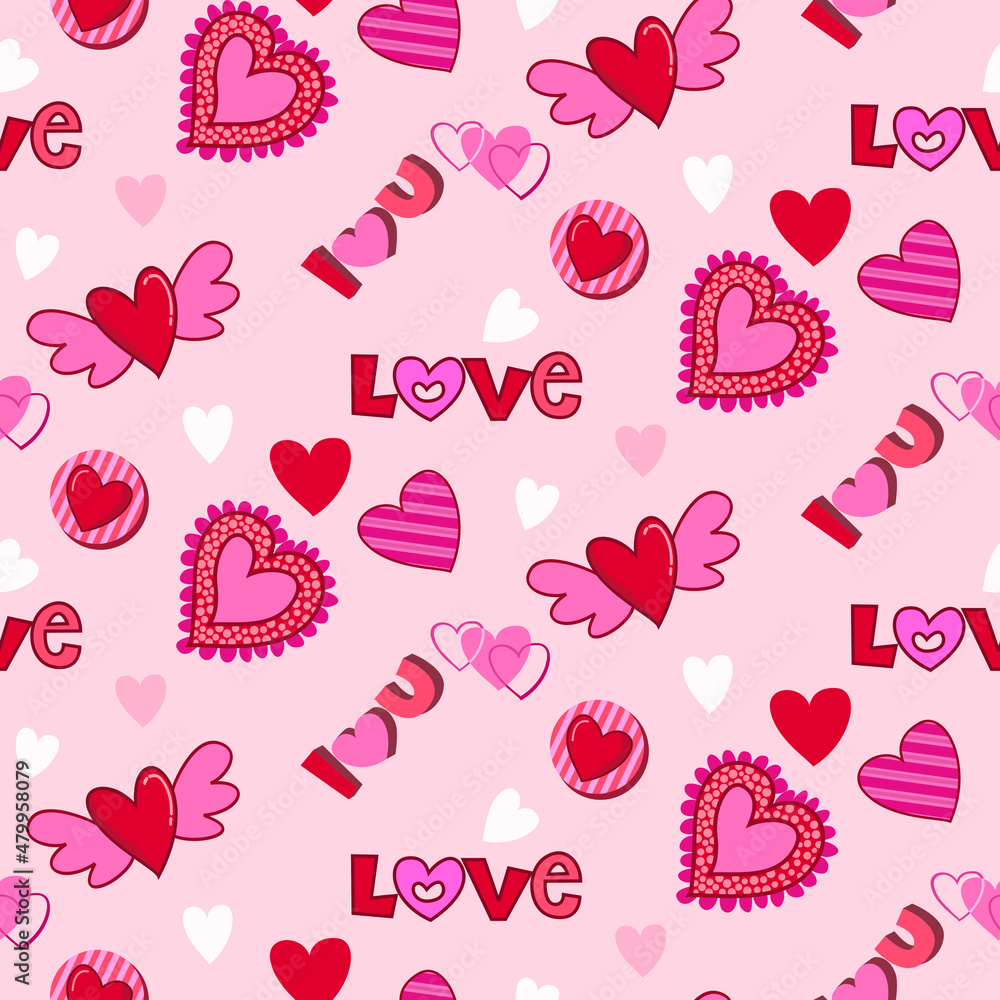 Red heart shape design with love letter on pink color background. Valentin's Day Seamless Pattern. Red heart shape design with love letter on pink color background. Valentin's Day Seamless Pattern.