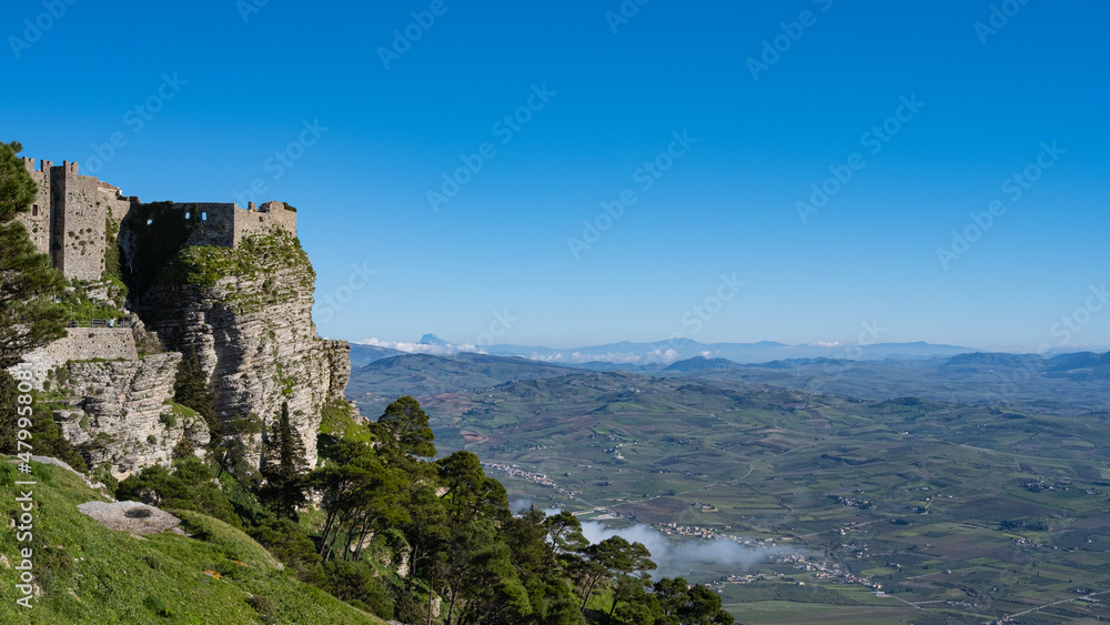 Erice, Sicily, Italy. Glimpse of the castle of Venus with a view of the valley