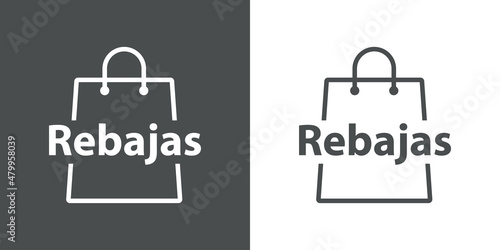 Logotipo con silueta de bolsa de la compra con líneas con texto Rebajas en español en fondo gris y fondo blanco