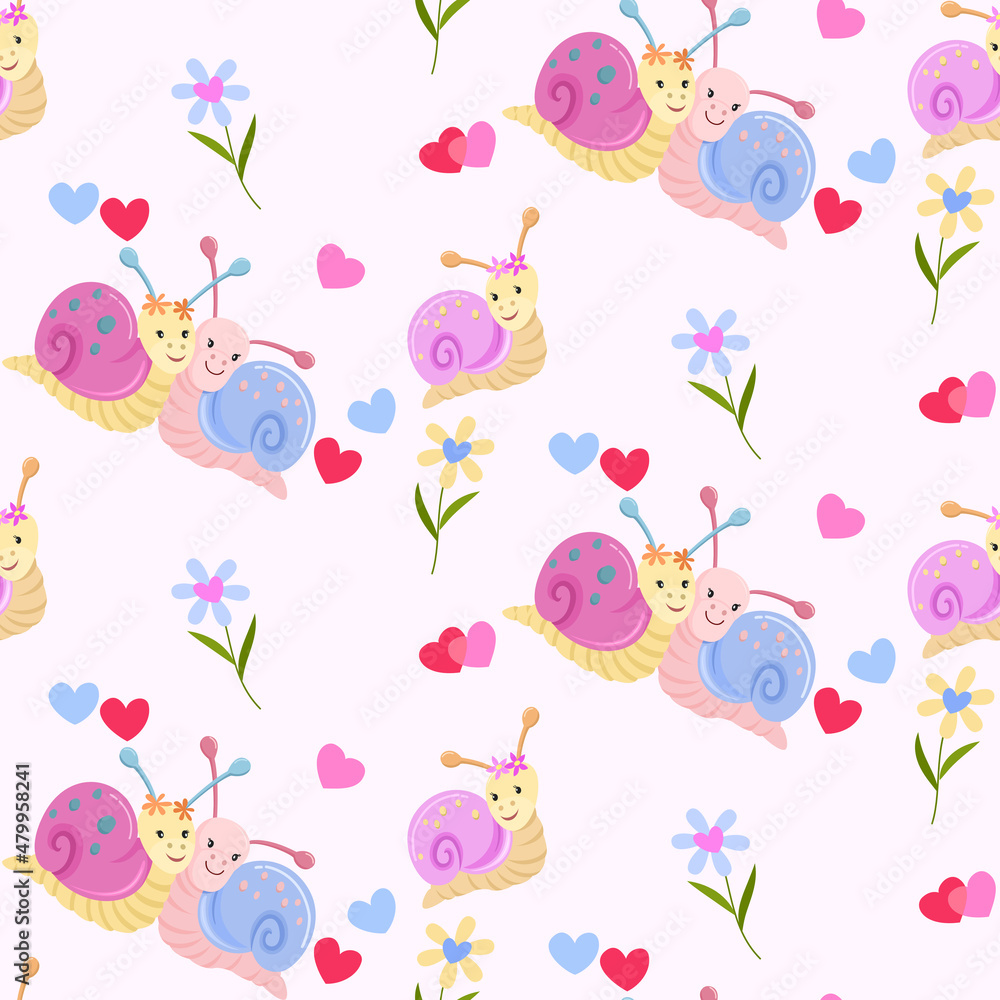 Valentin's Day Seamless Pattern with cute snail and heart shape.