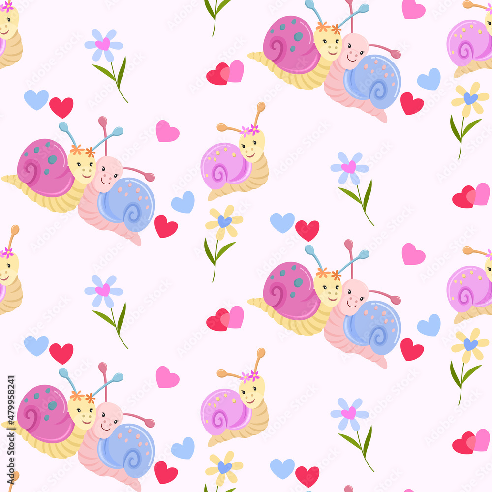 Valentin's Day Seamless Pattern with cute snail and heart shape. Valentin's Day Seamless Pattern with cute snail and heart shape.