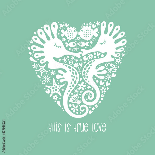 Sea Horses. Romantic monochrome print for your design.