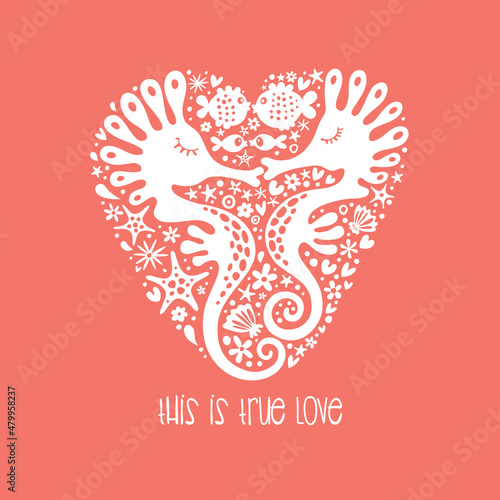 Cute romantic postcard. Cute seahorses and fish.