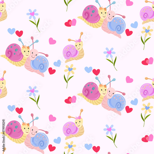 Valentin's Day Seamless Pattern with cute snail and heart shape.