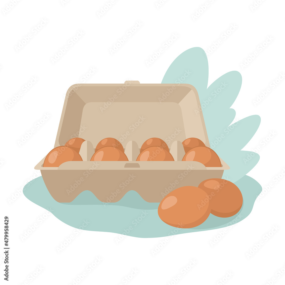 Illustration of a composition with an open package of eight eggs and eggs lying separately. Flat illustration of carton packaging for eggs. Packaging, a useful product. Vector on white background. Illustration of a composition with an open package of eight eggs and eggs lying separately. Flat illustration of carton packaging for eggs. Packaging, a useful product. Vector on white background.