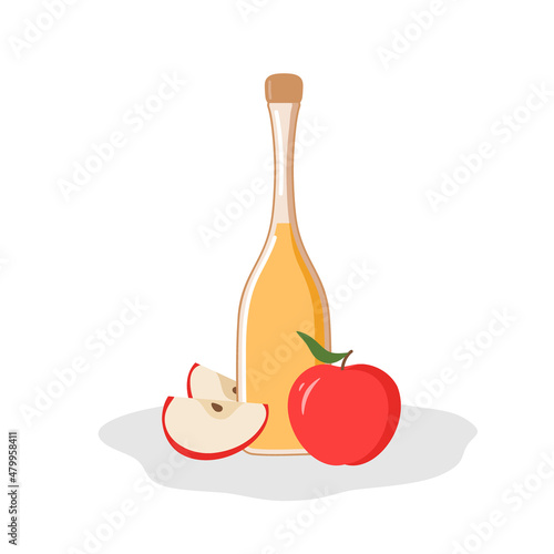 Flat illustration of apple cider vinegar or wine. Illustration of a composition of vinegar or wine in a bottle and apples. Natural farm product for the kitchen. Vector on white background.