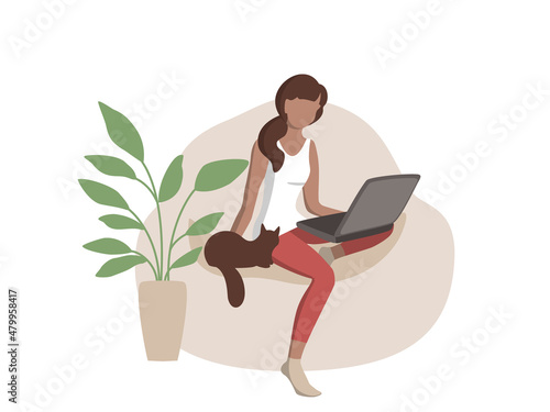 Flat drawing of a girl at the computer, remote work and study, communication on social networks. Flat vector illustration on white background.