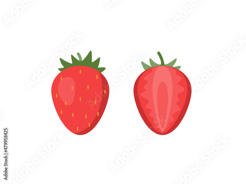 Flat illustration - strawberry. Whole berry and berry cutaway. Delicious, healthy sweet strawberries. Vector illustration - eps10.