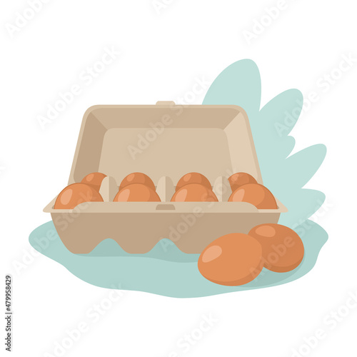 Illustration of a composition with an open package of eight eggs and eggs lying separately. Flat illustration of carton packaging for eggs. Packaging, a useful product. Vector on white background.