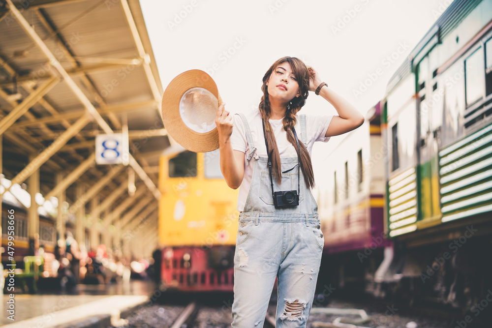 asian woman traveler tourists travel city street, journey backpack adventure outdoor by train asian woman traveler tourists travel city street, journey backpack adventure outdoor by train