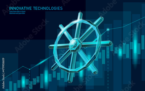 Wheel helm computer developer app concept. Business digital open source program. Data coding steering 3D low polygonal vector line illustration