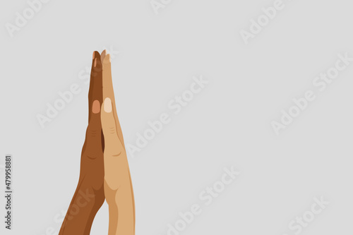 Black and white human hands touch palms, as sign of friendship, respect, love. Concept of combating racism. Vector illustration in a flat style