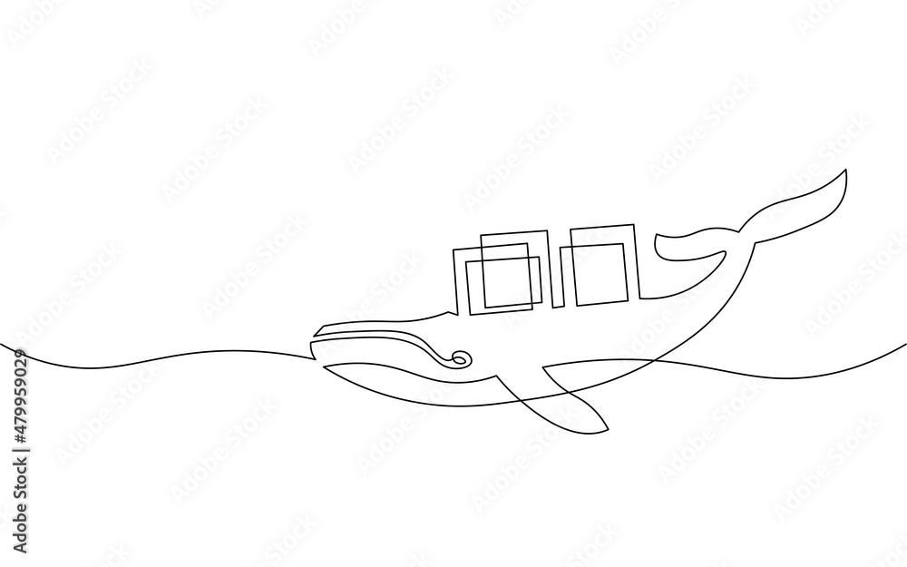 One line whale and container computer docker developer app concept. Sketch drawing open source program. Data coding vector line illustration One line whale and container computer docker developer app concept. Sketch drawing open source program. Data coding vector line illustration
