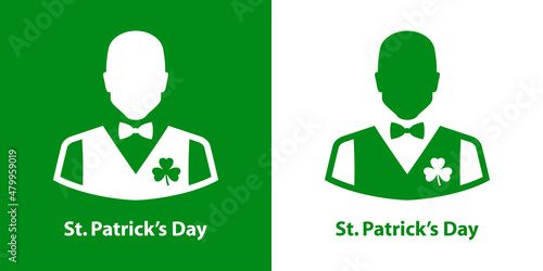 Logotipo texto St. Patrick's Day con silueta de trebol en chaleco de camarero de pub en fondo verde y fondo blanco